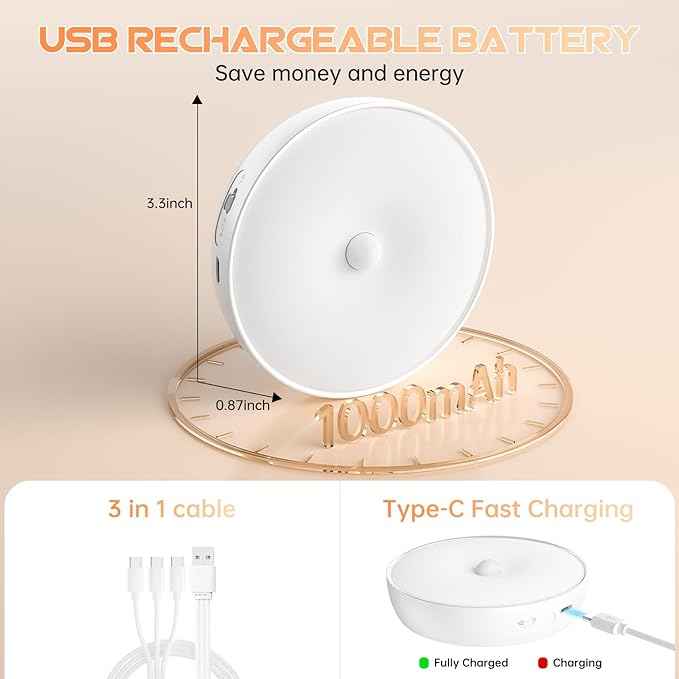 Warm Color LED Closet Lights Motion Sensor Puck Light, USB Rechargeable Battery