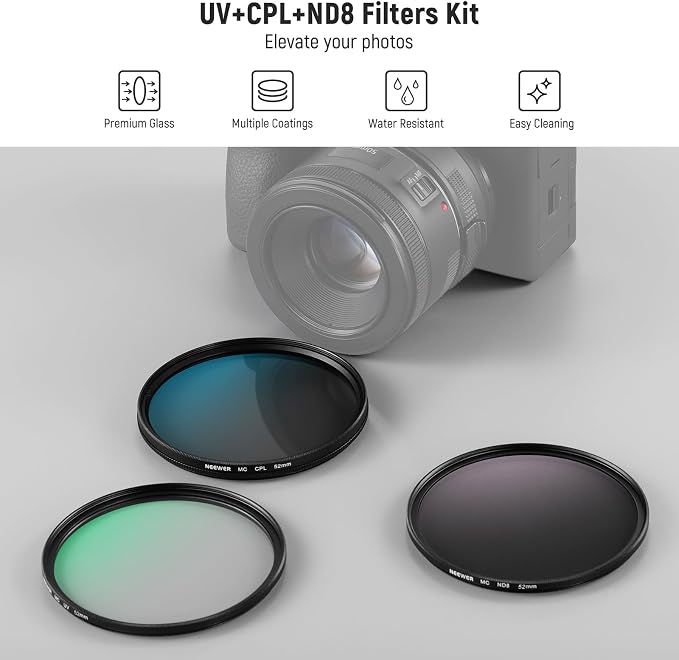 NEEWER 52mm UV CPL ND Lens Filter Kit, UV Protection + Circular Polarizing + - Image 2