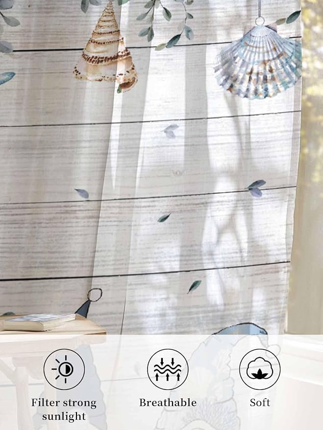 Sheer Curtains 45 Inch Length, Coastal Eucalyptus Leaf Semi Sheer Curtains - Image 6