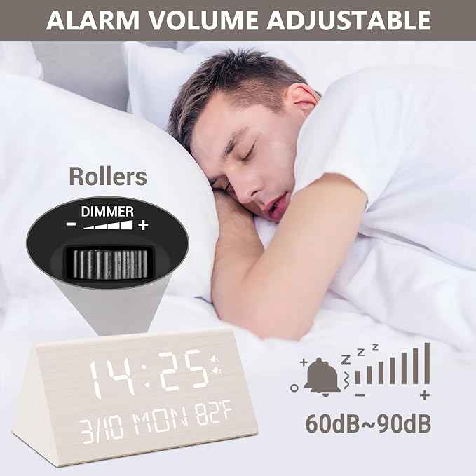 Kogonee Wooden Digital Alarm Clock, 0-100% Dimmer, 2 Alarm Settings,