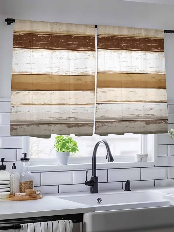 Sheer Curtains 45 Inch Length, Vintage Country Geometric Striped Privacy Voile - Image 5