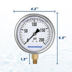 MEASUREMAN Glycerin Filled Plumbing Pressure Gauge 0-200psi Stainless Steel Case - Image 6