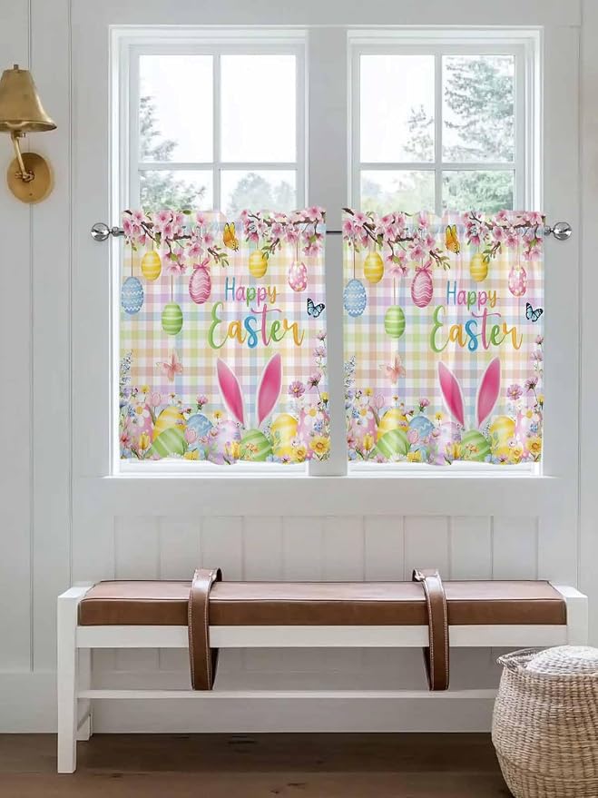 Happy Easter Half Window Curtain 36 Inches Long, Spring Bunny Colorful Eggs - Image 4