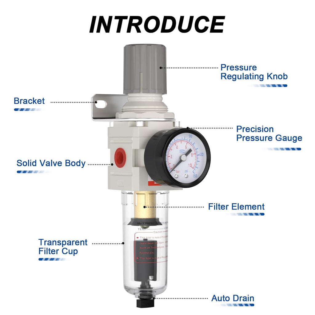 1/4" NPT Air Compressor Filter & Pressure Regulator Combo AW2000-02D