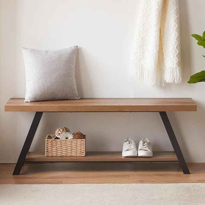 LVB Industrial Entryway Bench, Wood and Metal Storage Bench