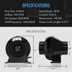 iPower 4 Inch 195 CFM Inline Fan Air Carbon Filter - Image 3