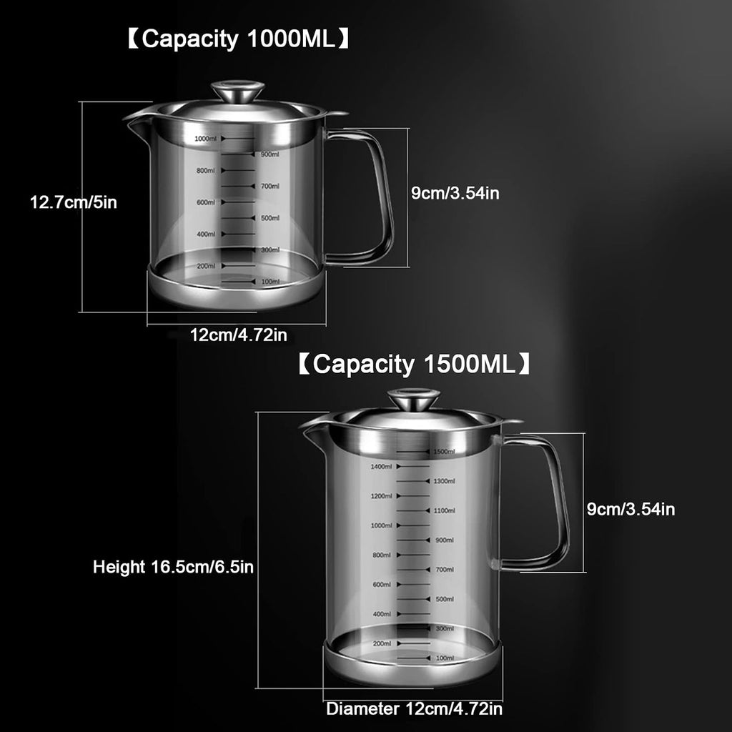 1L/35oz Glass Bacon Grease Container with Strainer, Cooking Oil
