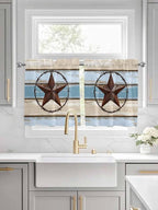 Vintage Western Star on Wood Grain Window Valance Curtains, Retro Wooden - Image 2