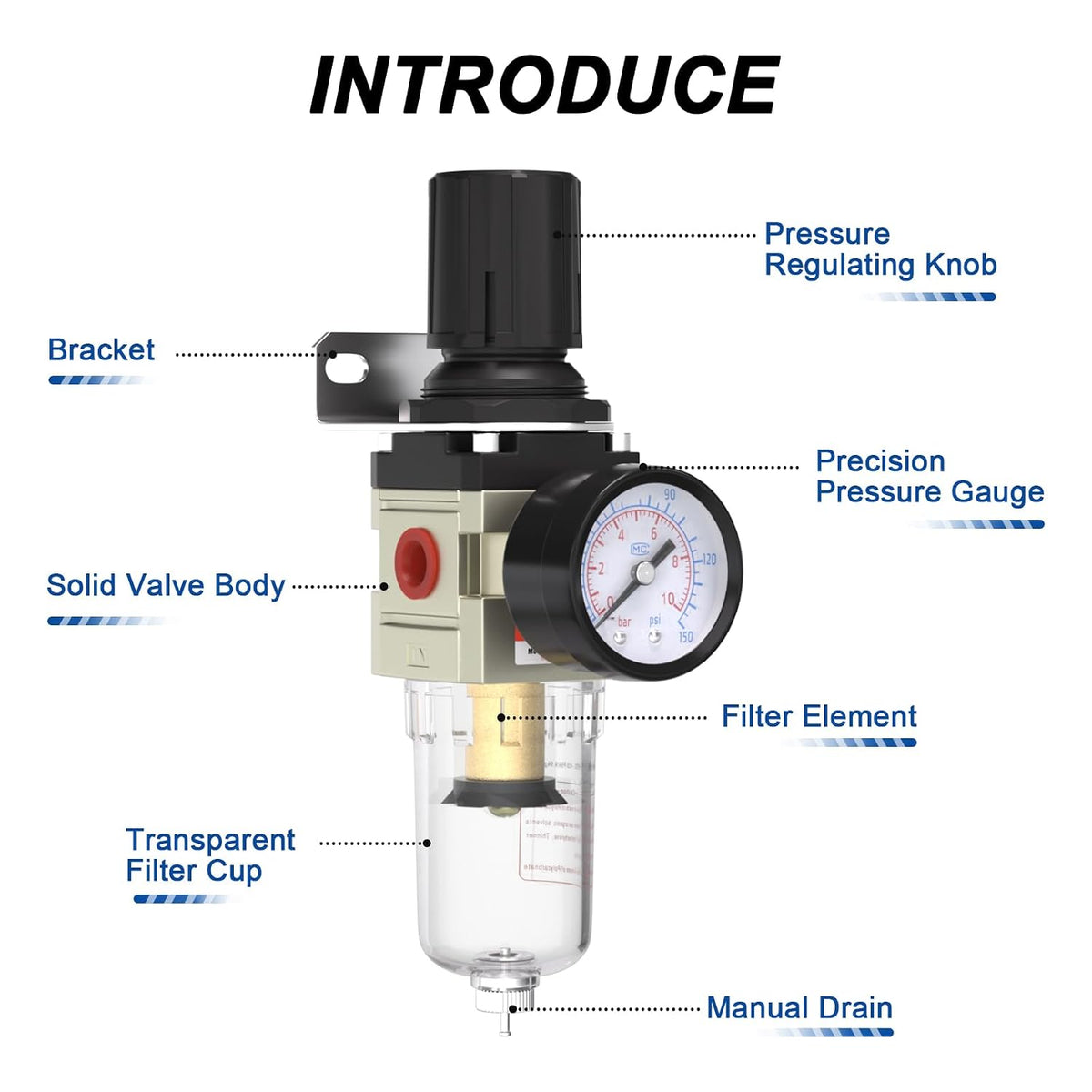 1/4" NPT Air Compressor Filter & Pressure Regulator Combo AW2000-02M