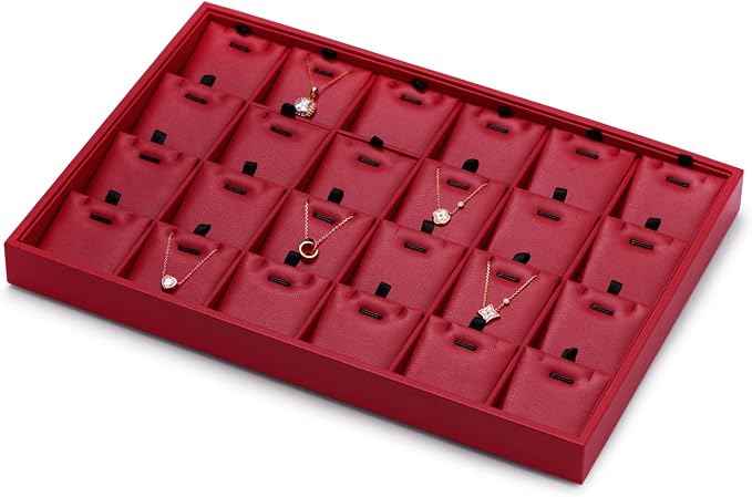 Oirlv Gorgeous Red Leather 24 Grid Jewelry Tray