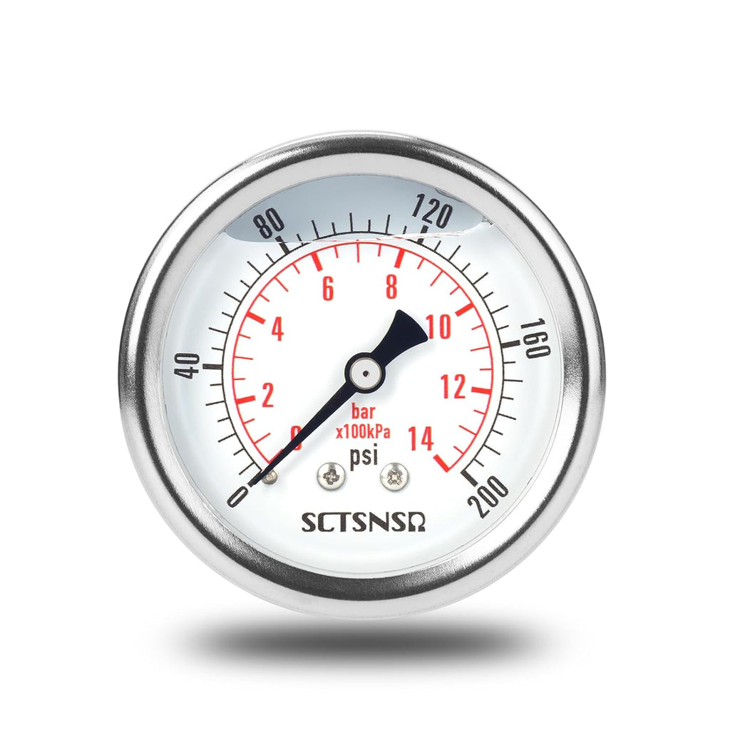 0-200 Psi Pressure Gauge, Liquid Filled, 1/4" NPT Back Mount