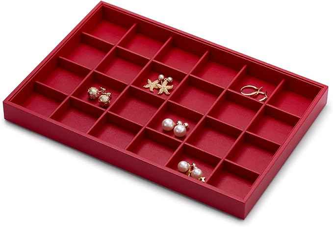 Oirlv Gorgeous Red Leather 24 Gird Jewelry Tray Stackable Jewelry Drawer
