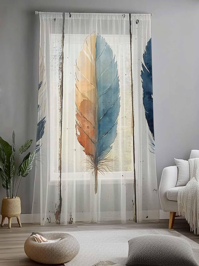 Sheer Curtains 84 Inches Long, Boho Ombre Vintage Wooden Grain Privacy Voile - Image 2
