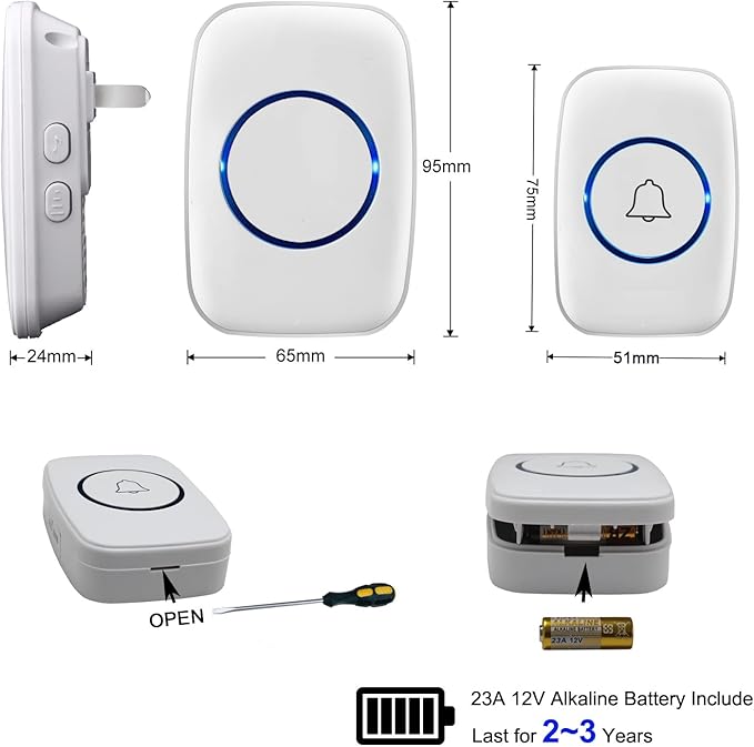 Wireless Doorbells, 1PlusOne White Waterproof Door Chime Kits Includes Push - Image 6