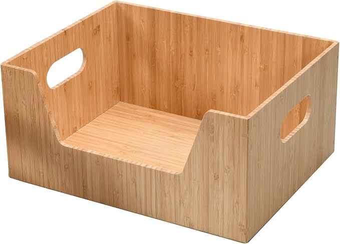 Bamboo Storage Box with Open Front Stackable Bin Organizer to use in kitchen