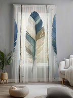 Sheer Curtains 108 Inches Long, Boho Blue Feathers Semi Sheer Curtains Light - Image 2