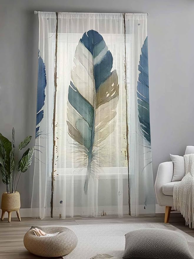 Sheer Curtains 84 Inches Long, Boho Blue Feathers Semi Sheer Curtains Light - Image 2