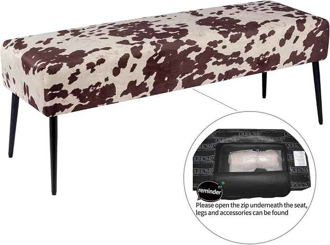 DUHOME Velvet Bench Ottoman, Upholstered Bedroom Benches Cow Print End of Bed