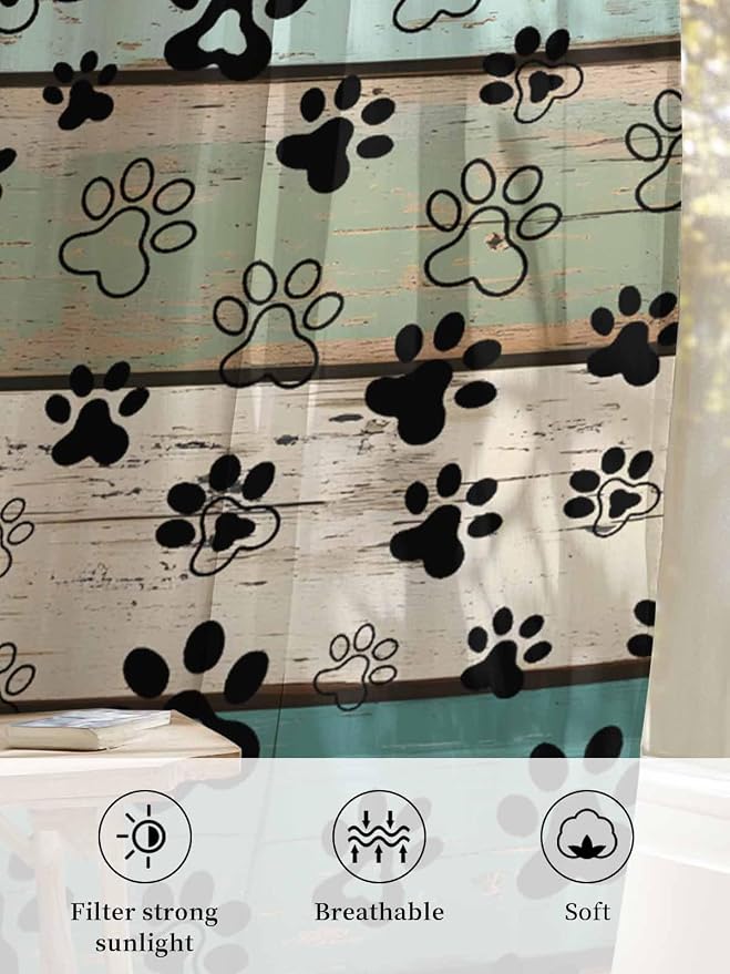 Sheer Curtains 108 Inches Long, Sage Green Brown Paw Prints Semi Sheer Curtains - Image 6