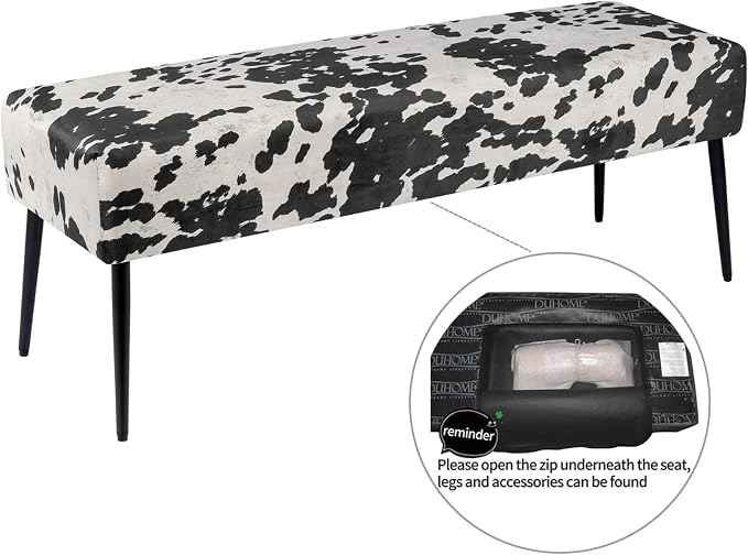 DUHOME Velvet Bench Ottoman, Upholstered Bedroom Benches Cow Print End of Bed