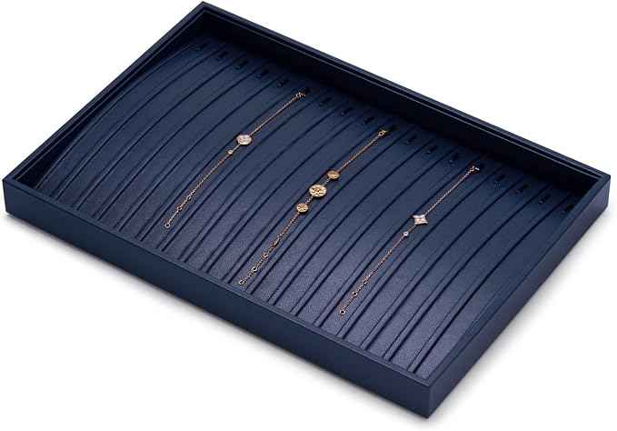 Oirlv Stackable Necklace Pendant Bracelet Organizer Tray Blue Leather Jewelry