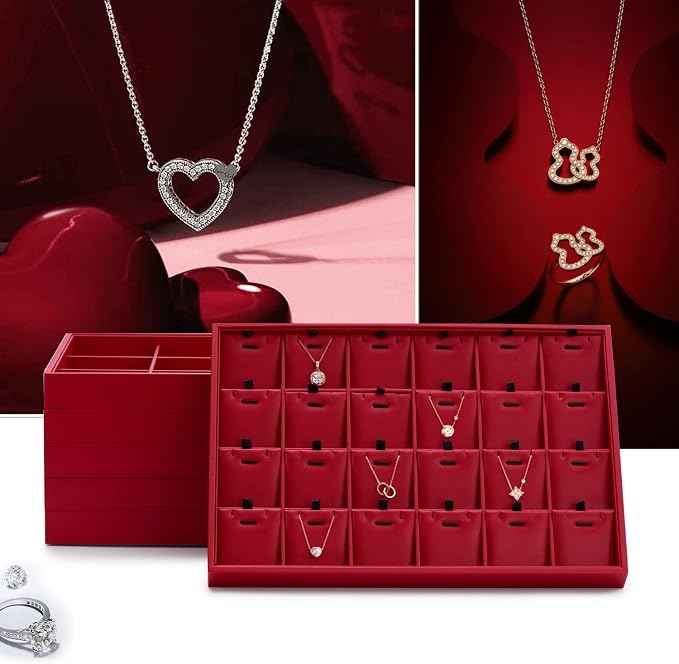 Oirlv Gorgeous Red Leather 24 Grid Jewelry Tray