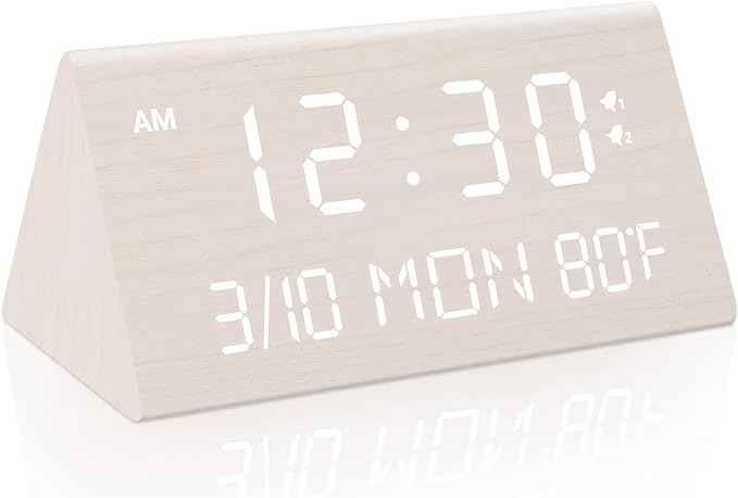 Kogonee Wooden Digital Alarm Clock, 0-100% Dimmer, 2 Alarm Settings,