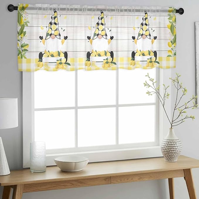 Lemon Dwarfs Sheer Valance Curtains, Gnome Green Leaf Wood Striped Black Plaid - Image 3