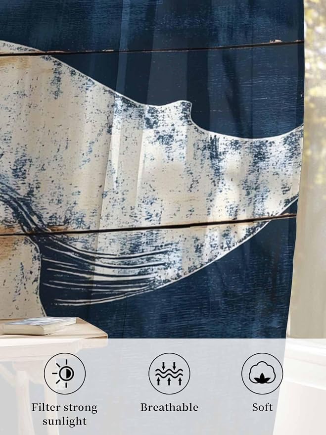 Sheer Curtains 54 Inch Length, Ocean Whale Blue Semi Sheer Curtains Light - Image 6