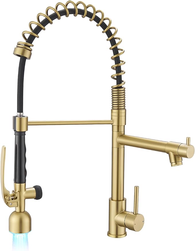 Fapully Single Handle High Arc Brushed Gold Pull Down Kitchen Faucet LED by Fapully