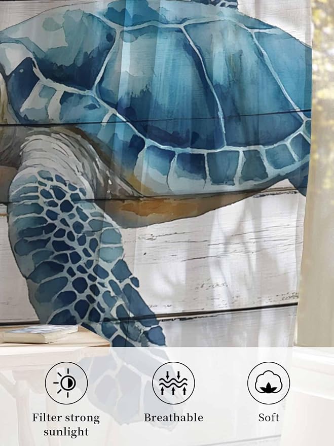 Sheer Curtains 84 Inches Long, Sea Turtle Blue Semi Sheer Curtains Light - Image 6