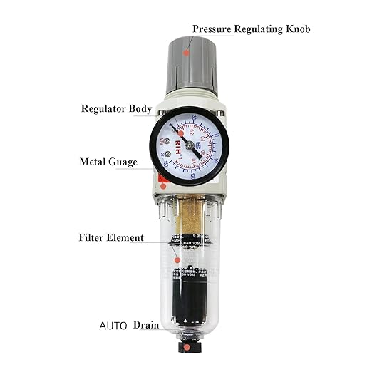 RIH 1/4" NPT Auto Drain Compressed Air Filter Regulator Combo Piggyback - Image 6