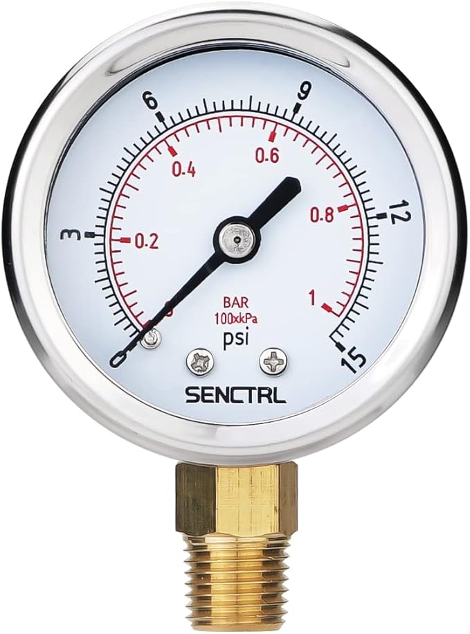 SENCTRL 0-15 Psi Low Pressure Gauge, 1/4 Npt Lower Mount, Waterproof, Stainless by senctrl