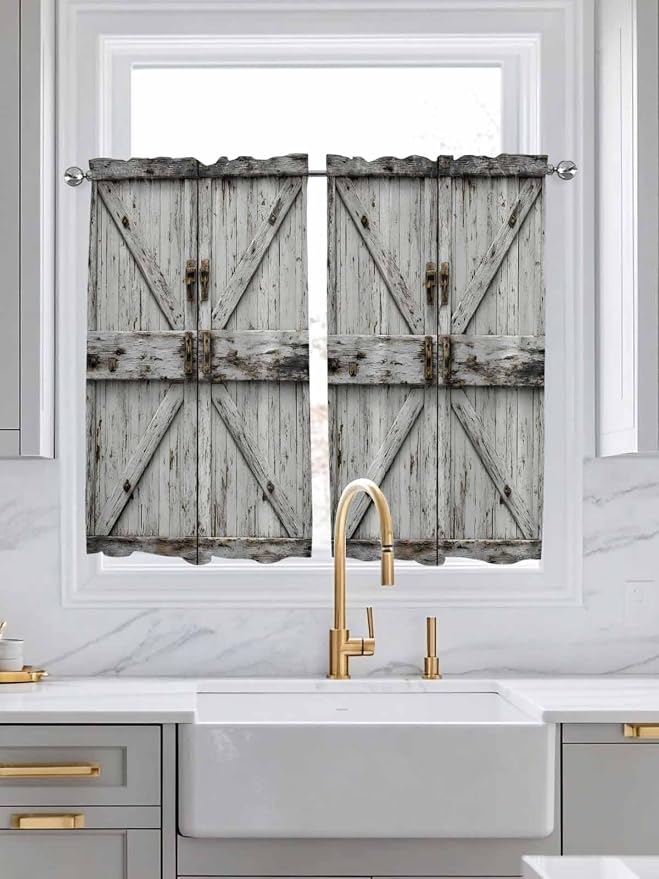 Vintage Gate Kitchen Curtains 45 Inches length, Farmhouse Wooden Grain Shabby - Image 3