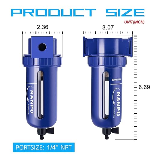 NANPU 1/4" NPT Compressed Air Filter, Zinc Alloy, 5 Micron Brass Element - Image 3