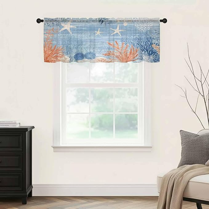 Ocean Corals Sheer Valance Curtains, Summer Beach Coral Sea Stars Blue Stripes - Image 5
