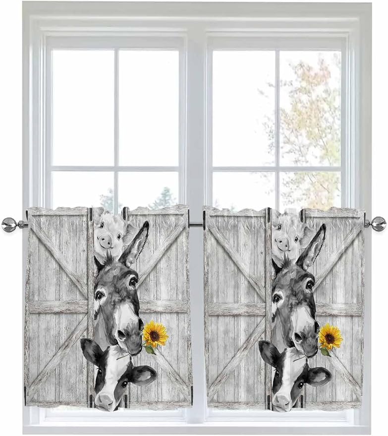 Grey Farmhouse Half Window Curtain 36 Inches Long, Vintage Sunflowers Animals by Unknown