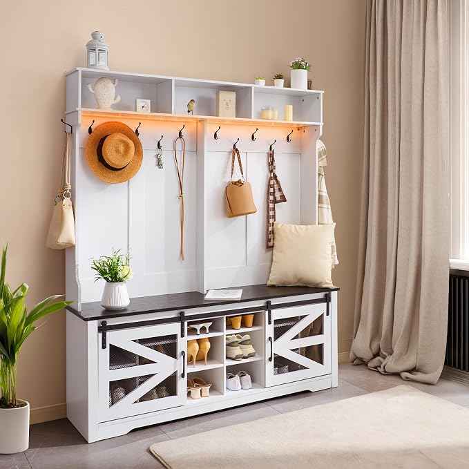 VEVOR Hall Tree Entryway Bench, LED Coat Rack
