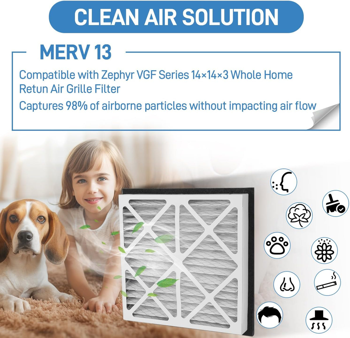 14x14x3 MERV 13 Pleated Air Filter Compatible with Zephyr VGF Series