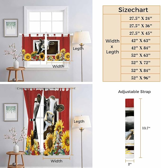 Cows Sunflowers Living Room Curtains 84 Inch Length, Window Curtains Tab Top - Image 8