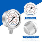 MEASUREMAN Pressure Gauge 1/4 NPT, 0-100psi/kPa Fully Stainless Steel Hydraulic - Image 4