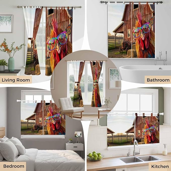 Farm Rooster Bedroom Curtains 63 Inch Length, Window Curtains Tab Top, - Image 7
