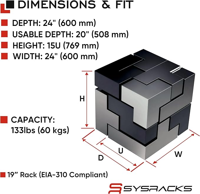 Sysracks 15U Wall Mount Server Rack Cabinet, 19” Locking Network Rack, 24” Deep - Image 3