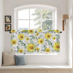 Yellow Daisy Tier Curtains, Farmhouse Country Flower Leaf Plant Wood Grain - Image 3