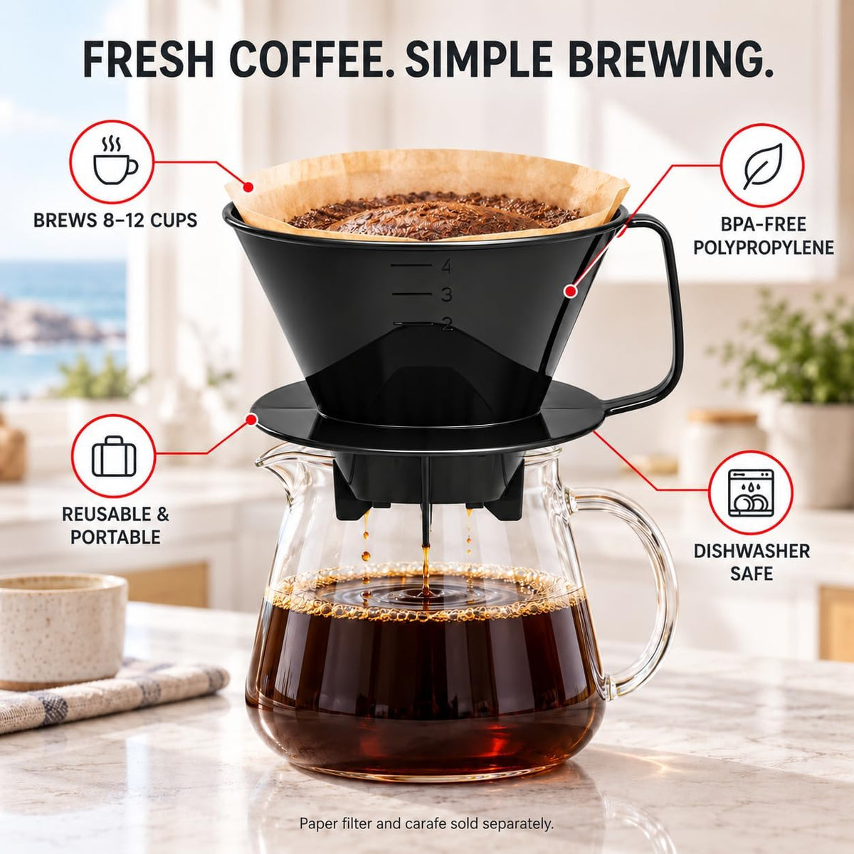 Fino Pour-Over Coffee Brewing Filter Cone, Number 4-Size, Black, Brews