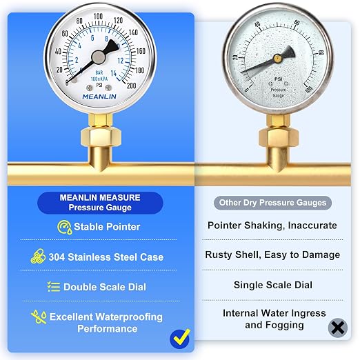 MEANLIN MEASURE 0~200Psi Dry Pressure Gauge Stainless Steel 1/4" NPT 2" FACE - Image 5