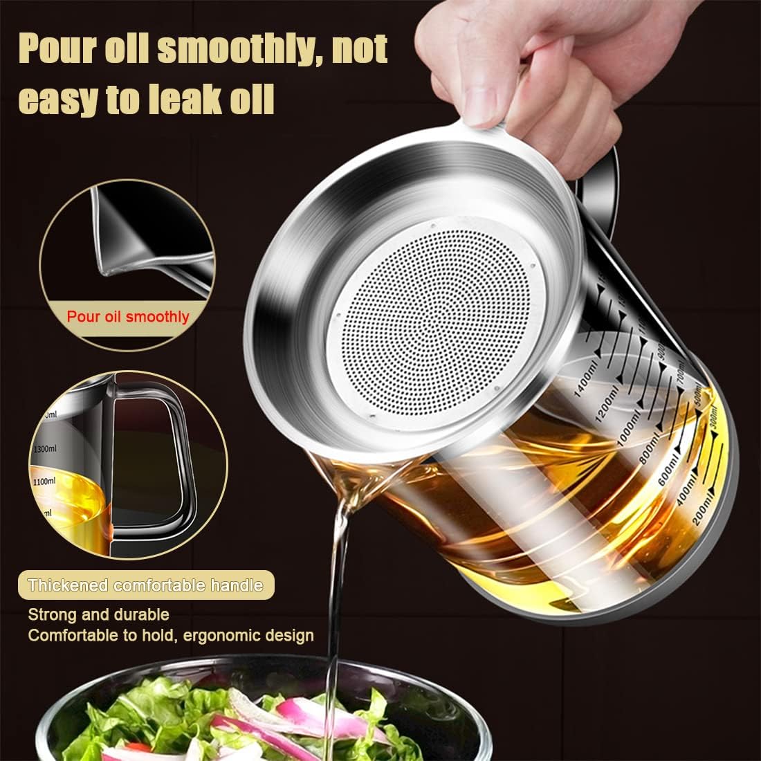 1L/35oz Glass Bacon Grease Container with Strainer, Cooking Oil