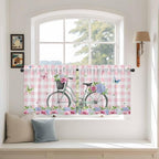 Spring Tier Curtains, Bicycles Leaves Butterfly Flowers Pink Buffalo Plaid - Image 3