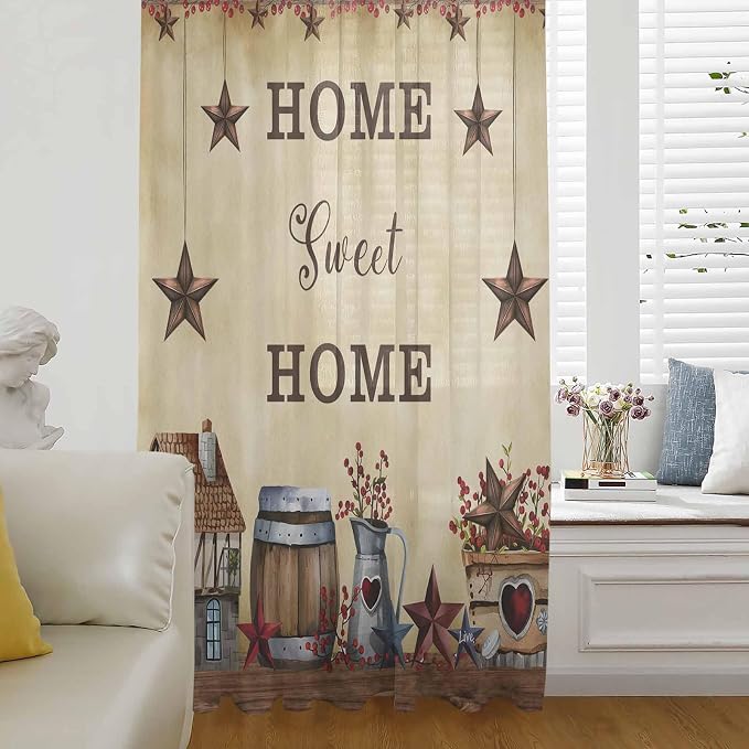 Farm Sheer Curtains 72 Inch Length American Country Barn Star Vintage Berry by Unknown