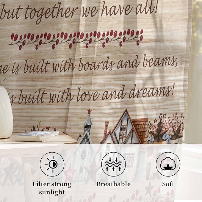 Farmhouse Sheer Curtains 96 Inch Length Brown Country Star Berry Vintage Wood - Image 2